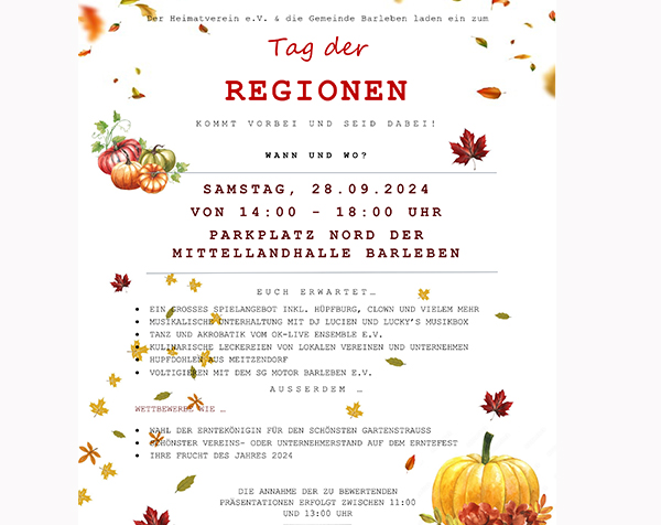 Tag der Regionen mit Erntefest am 28.09. in Barleben